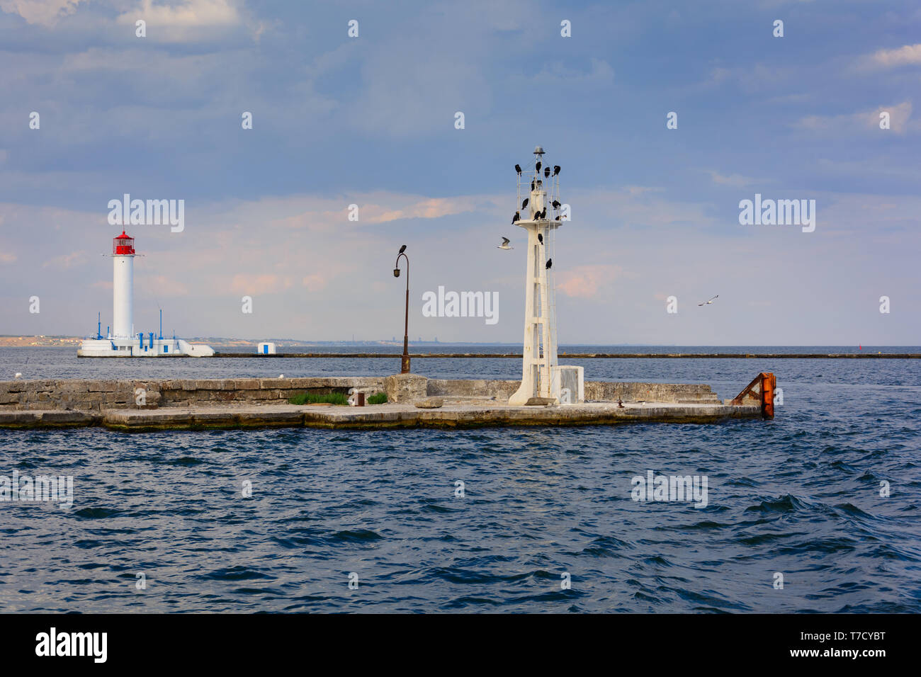 Vorontsov Lighthouse in Odessa, Ukraine. Seascape on Black Sea Stock