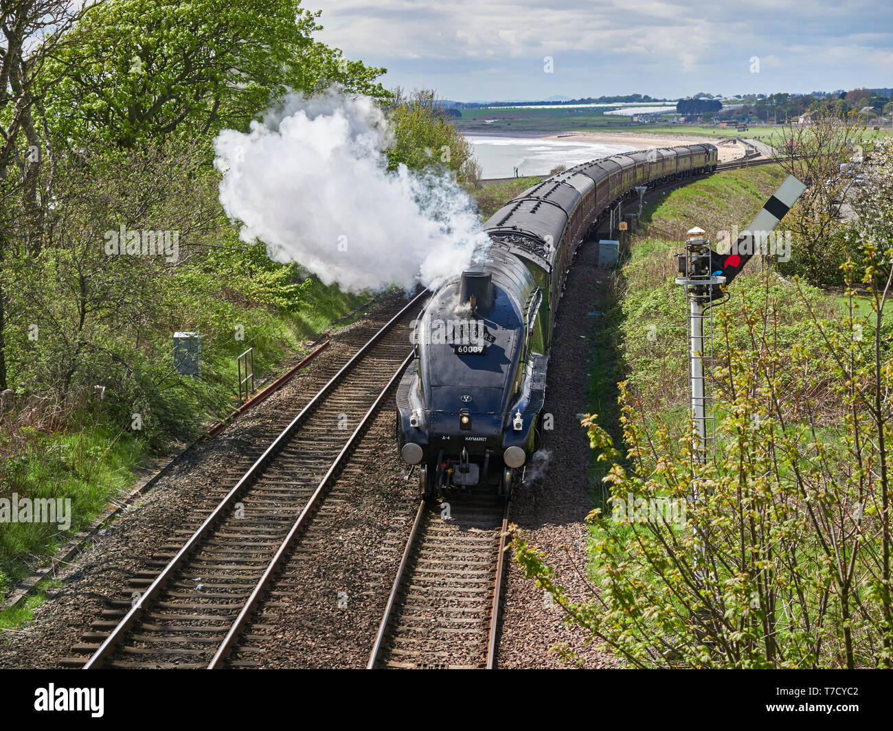 The Nigel Gresley designed A-4 Locomotive, the Union of South Africa passing through the Coastal town of Arbroath in Scotland. Stock Photo