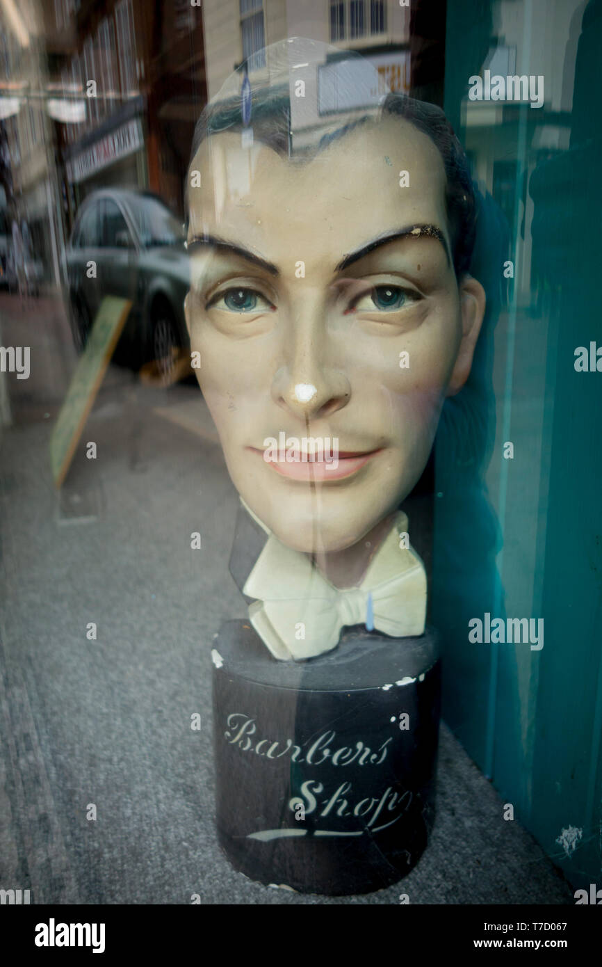 Barber shop mannequin in shop window, Faversham, Kent Stock Photo Alamy