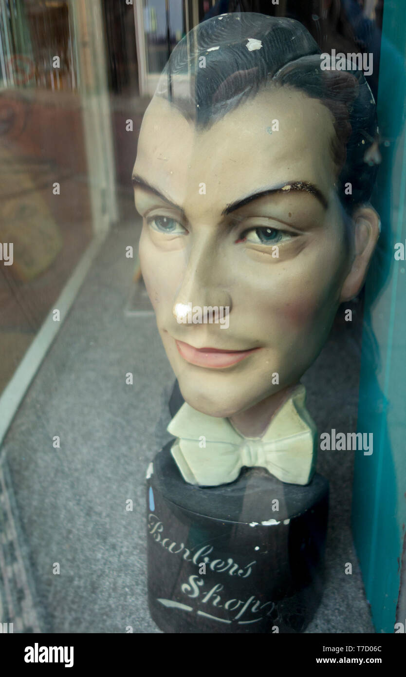 Barber shop mannequin in shop window, Faversham, Kent Stock Photo Alamy