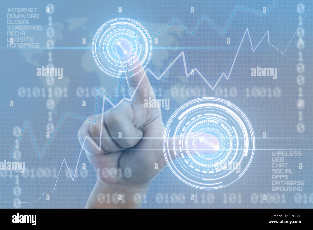 Closeup of person touching screen with index finger and thumb as internet and coding concept Stock Photo
