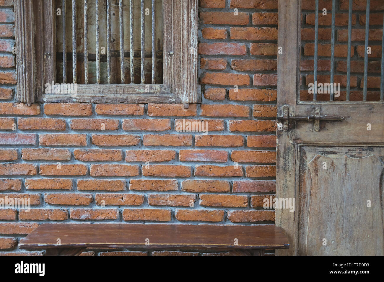 old vintage wooden door window & brick wall Stock Photo - Alamy