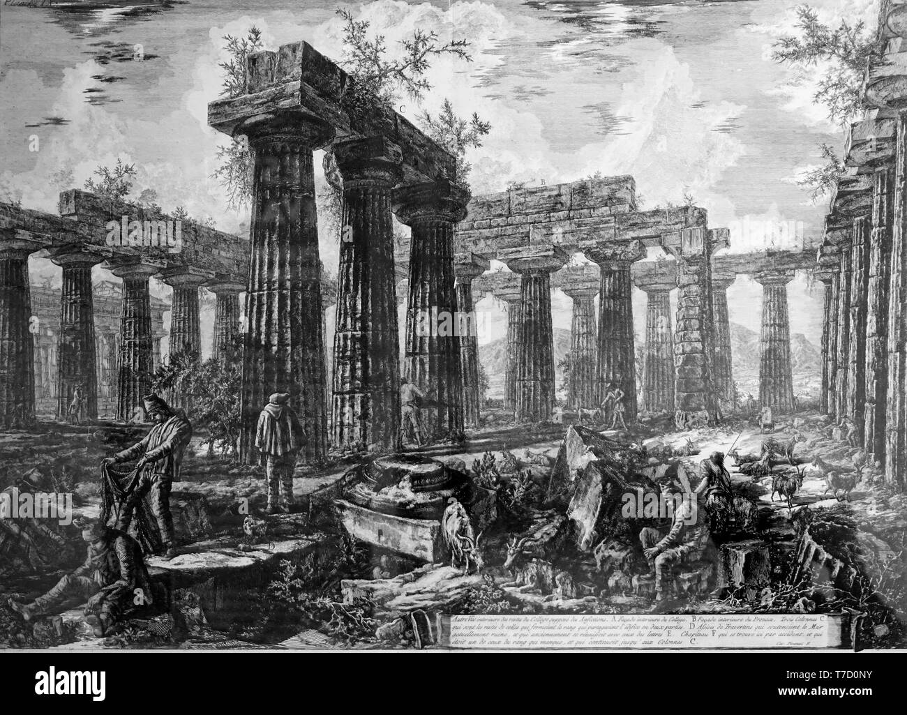 Temples of Paestum.Ancient Greek city on the coast of the Tyrrhenian Sea in Magna Graecia (southern Italy) Etchings by Giovanni Battista  Piranesi Stock Photo