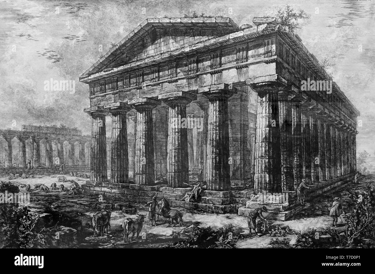 Temples of Paestum.Ancient Greek city on the coast of the Tyrrhenian Sea in Magna Graecia (southern Italy) Etchings by Giovanni Battista  Piranesi Stock Photo