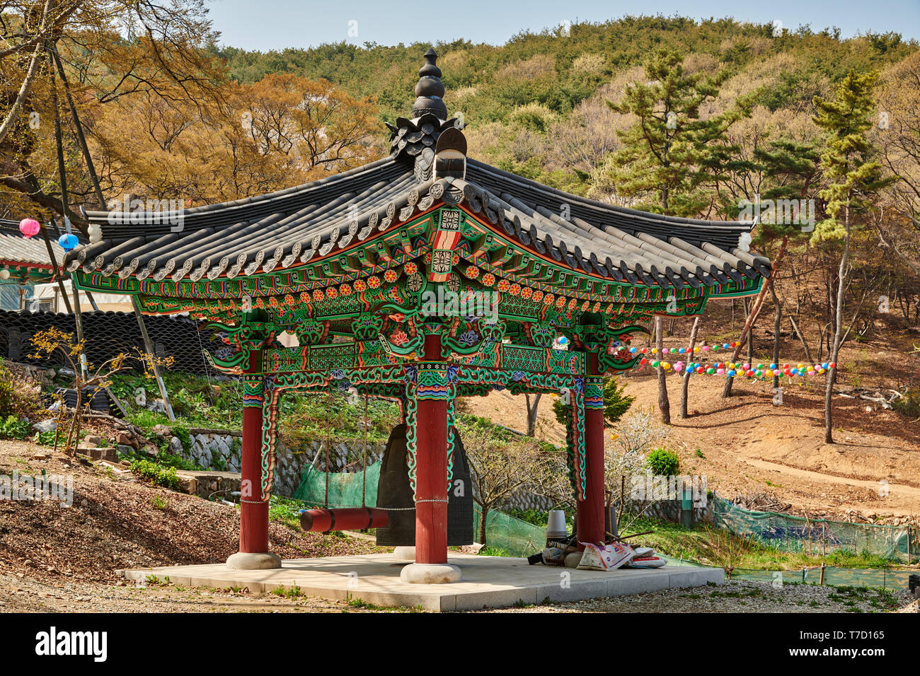 bell pavilion of Baekunsa Temple or 'White Cloud Temple' on Yeonjondo Island, Incheon, South Korea Stock Photo