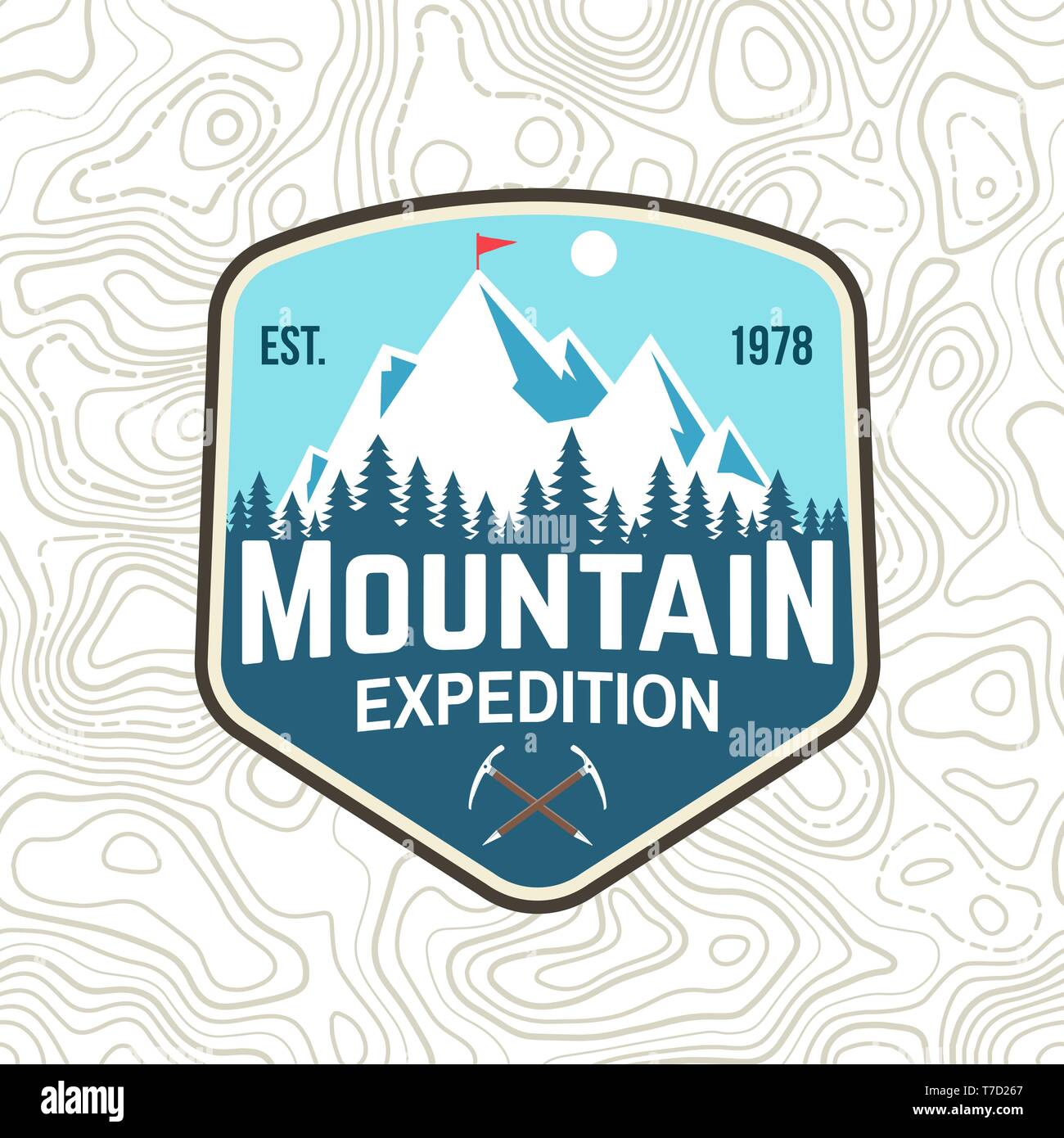 Mountain expedition patch. Vector illustration. Concept for shirt or badge, print, stamp or tee. Vintage typography design with ice axe and mountain silhouette. Outdoors adventure emblems. Stock Vector