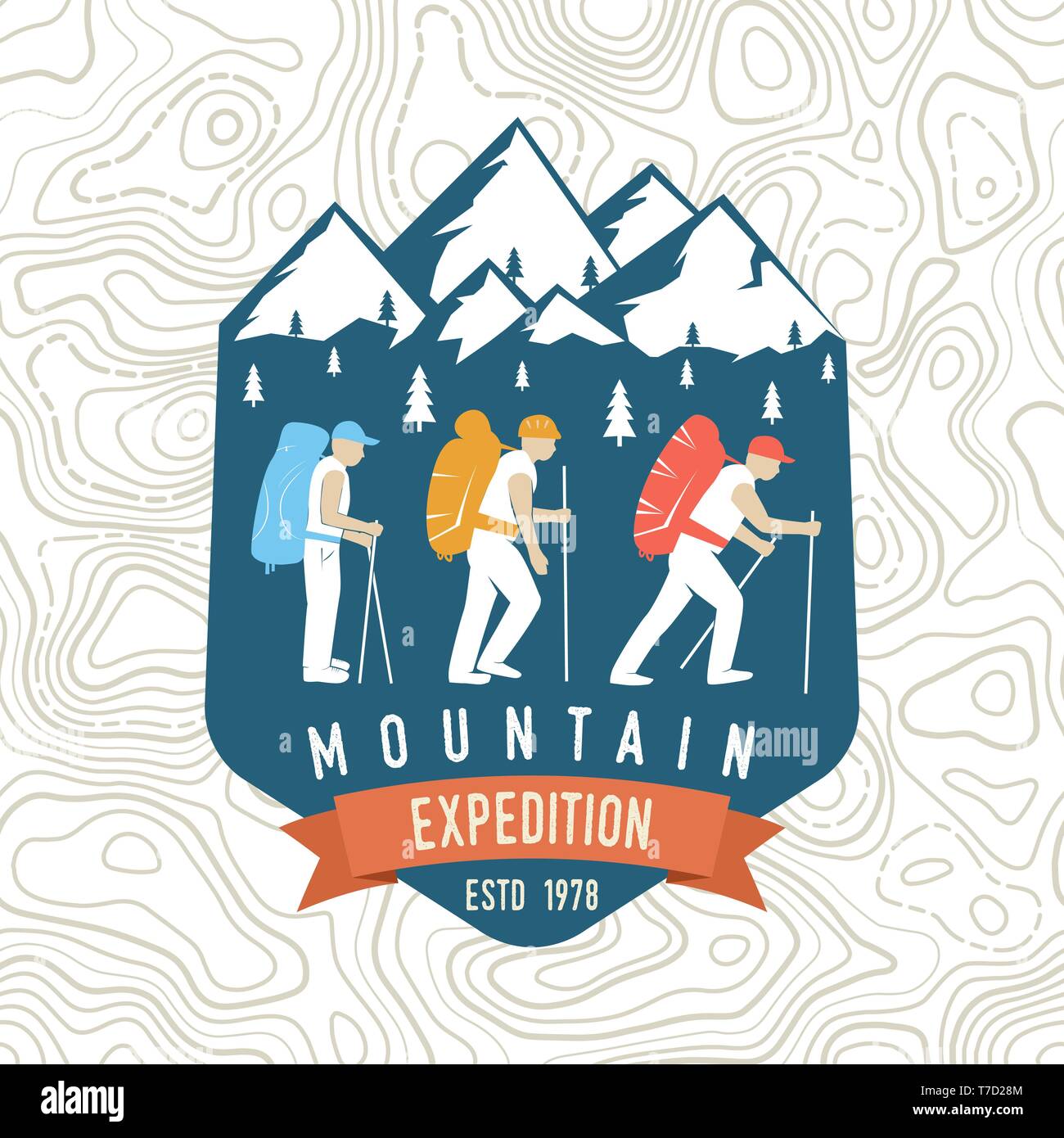 Mountain expedition patch. Vector illustration. Concept for shirt or badge, print, stamp or tee. Vintage typography design with mountaineers and mountain silhouette. Stock Vector