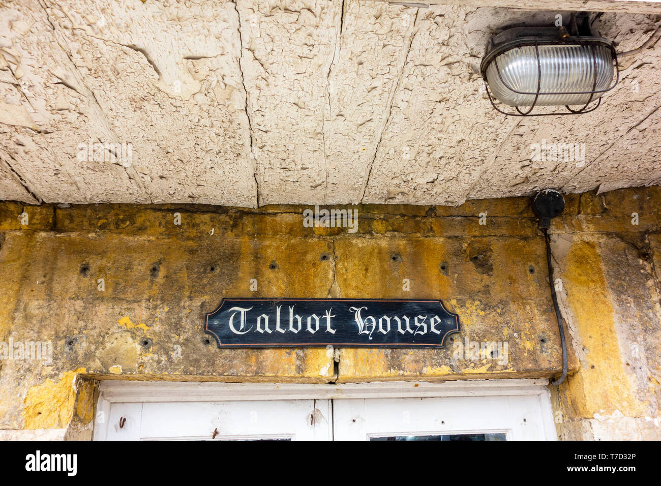 Old twee sign above the door of the Talbot House in Stow on the Wold, The Cotswolds UK Stock Photo
