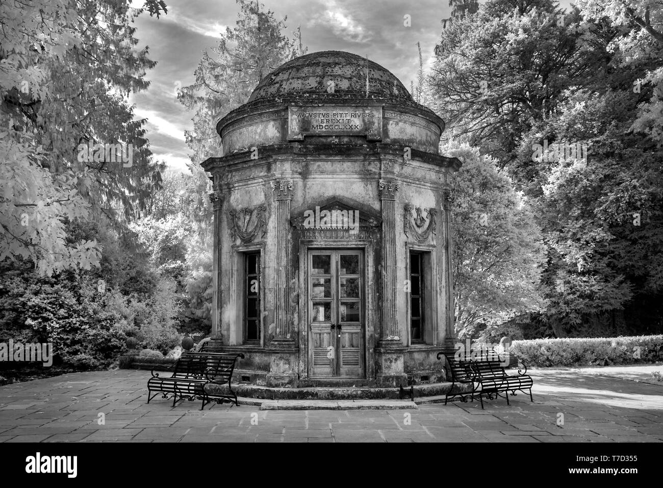 Infrared image of The Temple (used for weddings) in Larmer Tree Gardens, Wiltshire UK Stock Photo