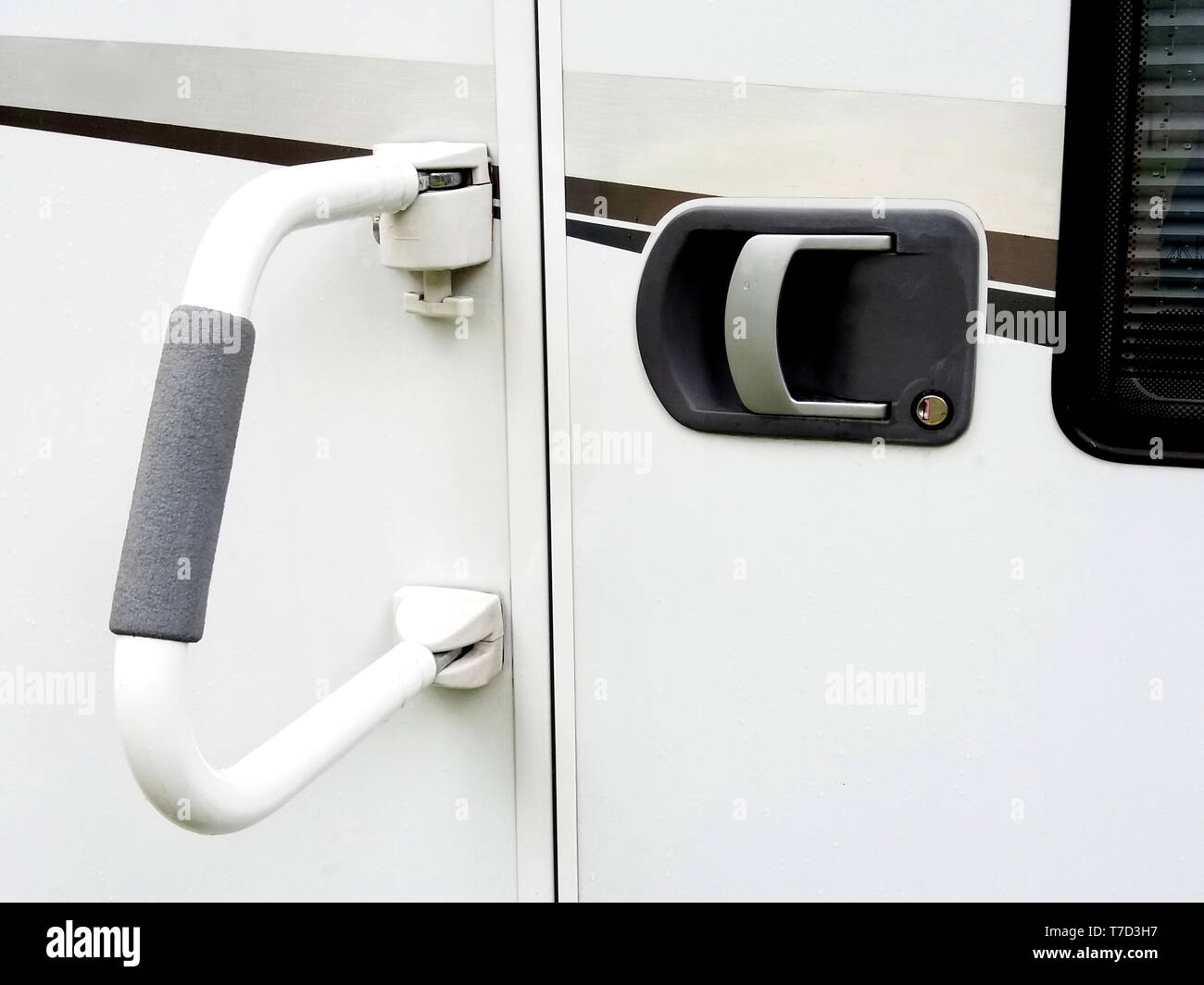 Handle outside camper also for double locking the camper Stock Photo