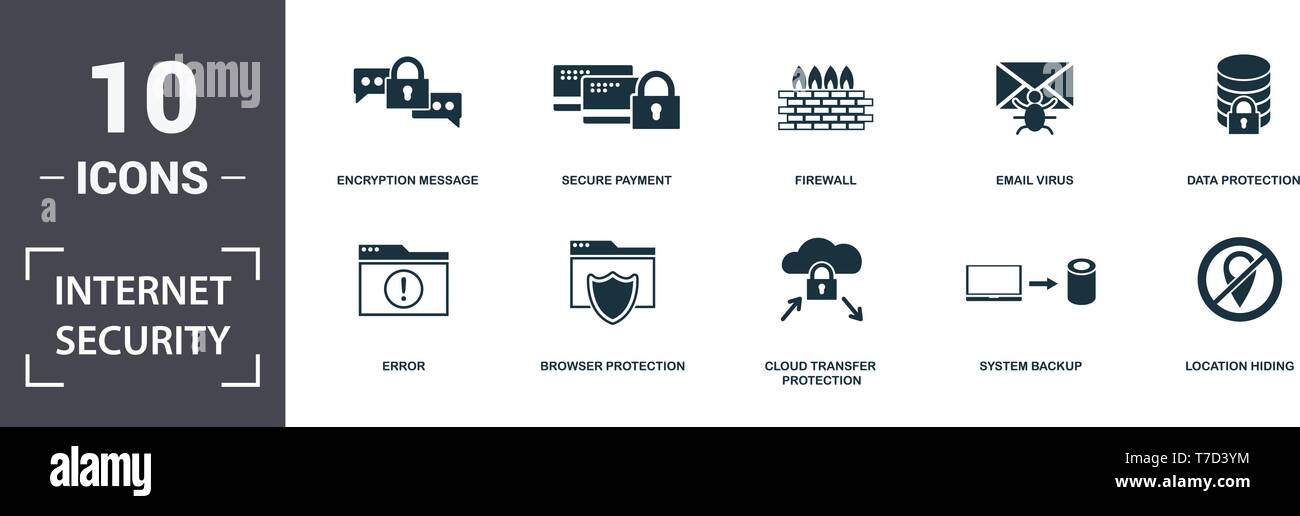 Internet Security icons set collection. Includes simple elements such as Encryption Message, Secure Payment, Firewall, Email Virus, Data Protection, B Stock Vector