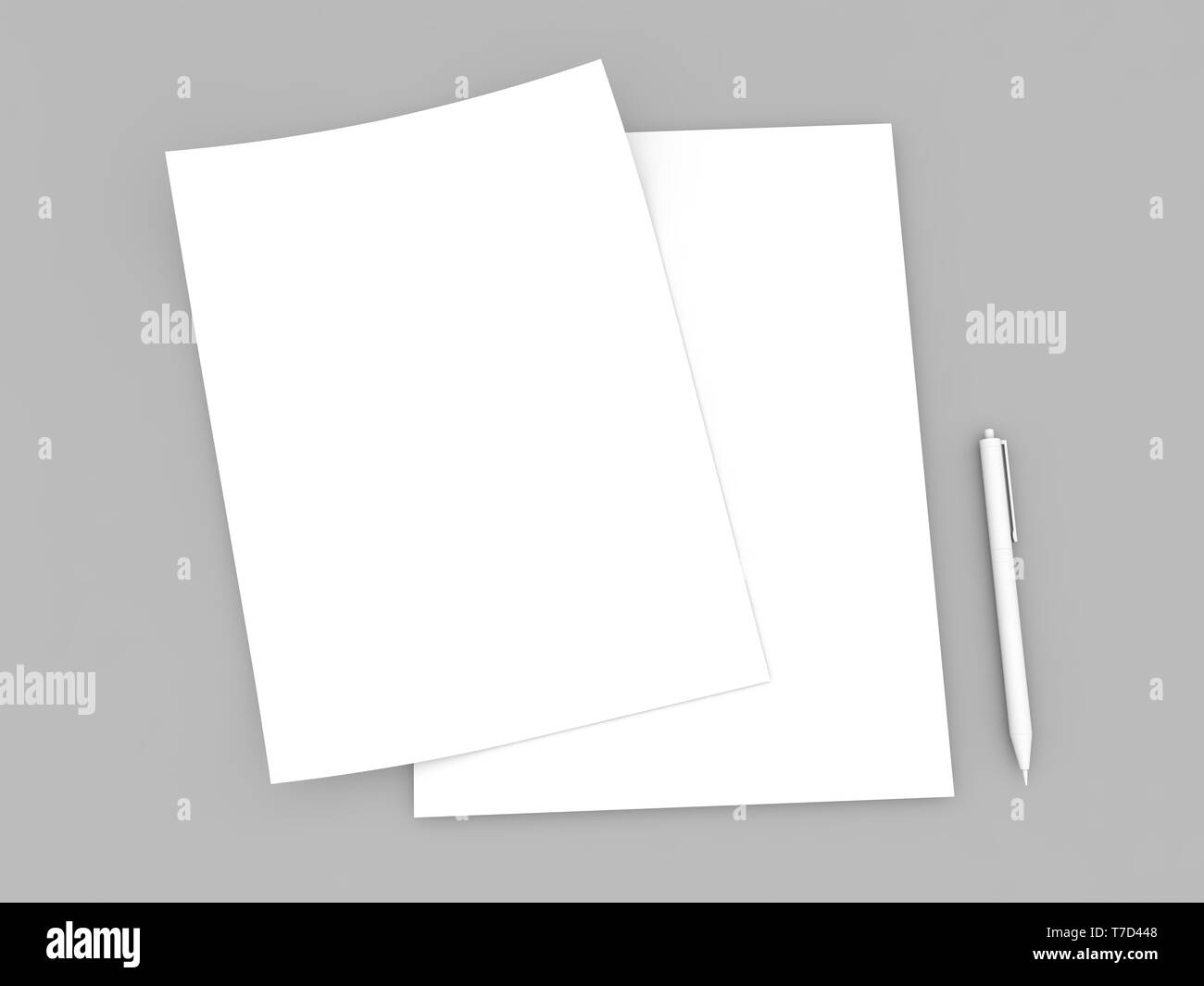 Empty sheets of white paper and pen mock up on gray background. 3d ...