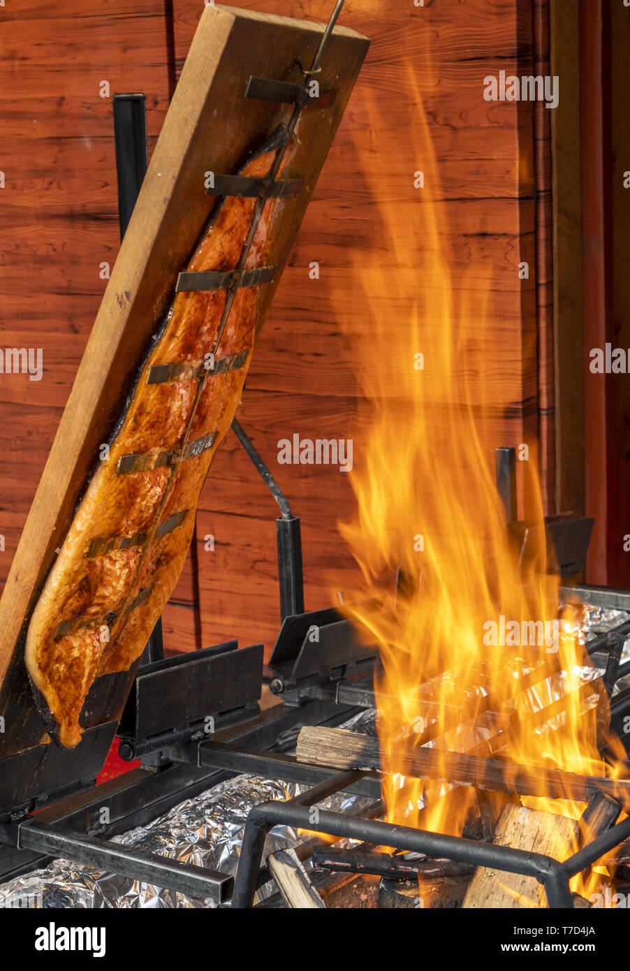 Flamed Salmon at the Christmas Market in Heidelberg, Germany Stock Photo