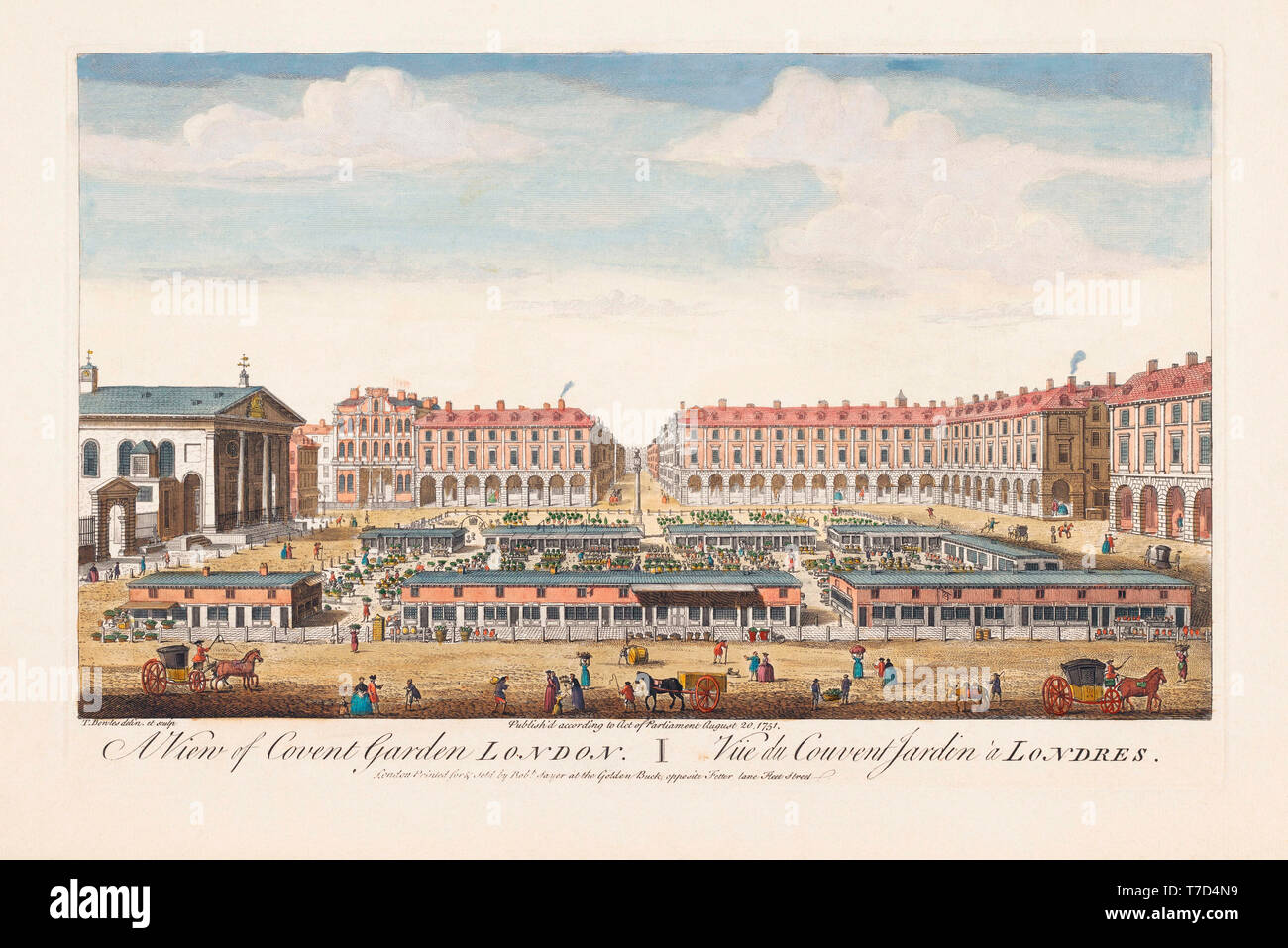A View of Covent Garden, London, 1751.  After an engraving by Thomas Bowles dated 1751.  Later colourization. Stock Photo