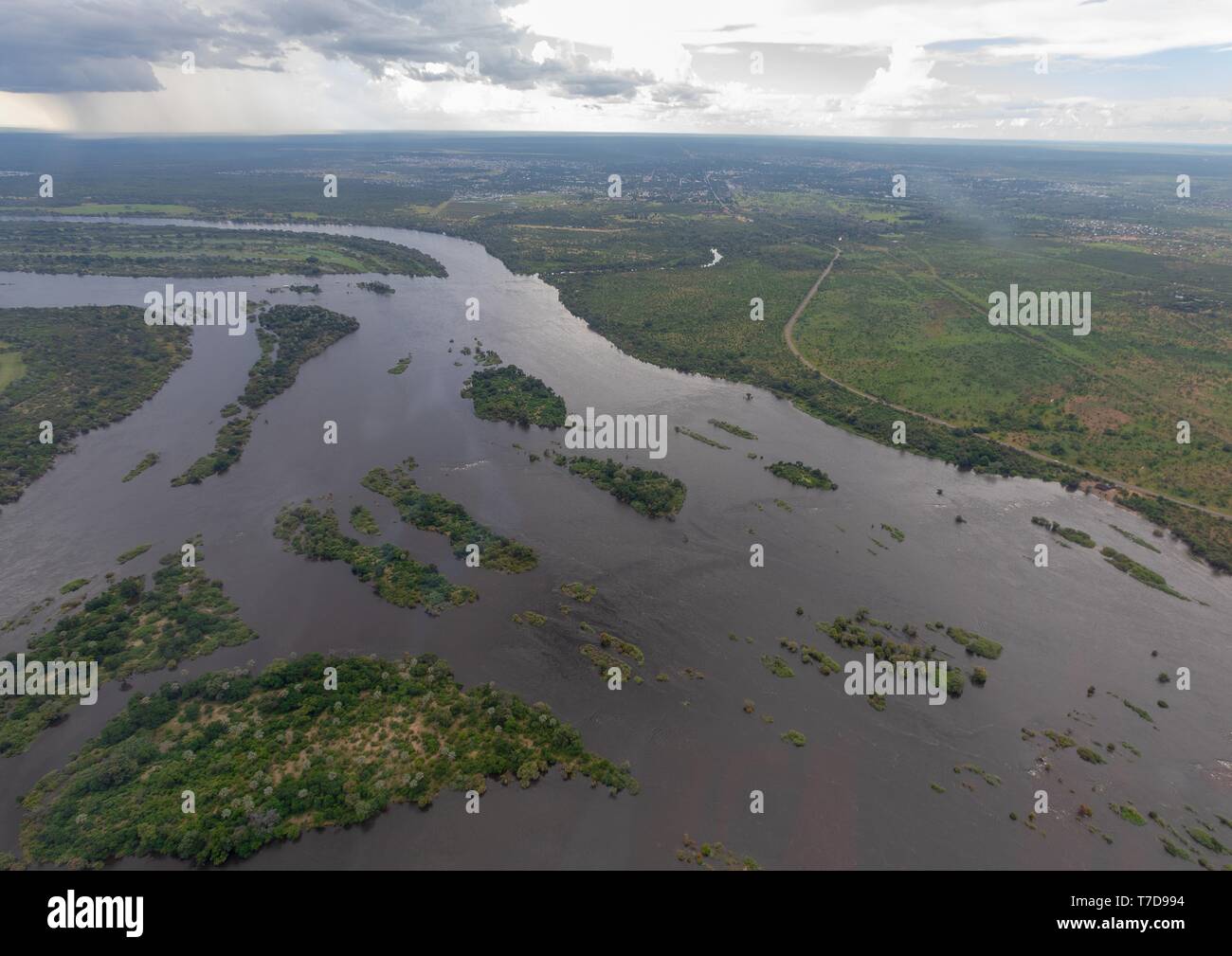 Aerial picture of the sambesi river short before the famous Victoria Falls in Zimbabwe Stock Photo