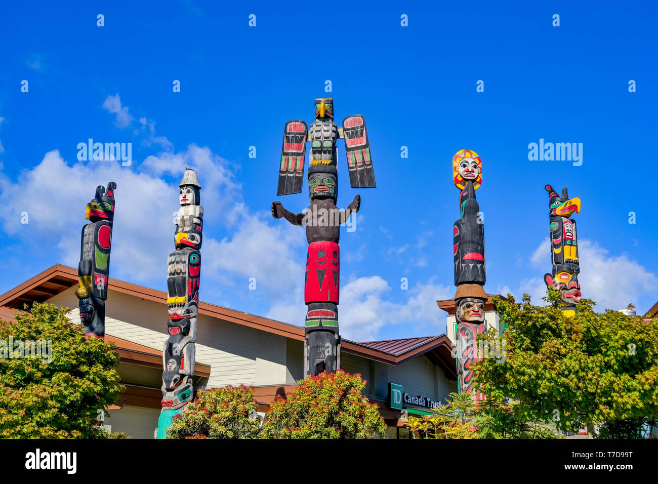 Tsain-Ko totem poles, Sechelt, Sunshine Coast, ,British Columbia, Canada Stock Photo -