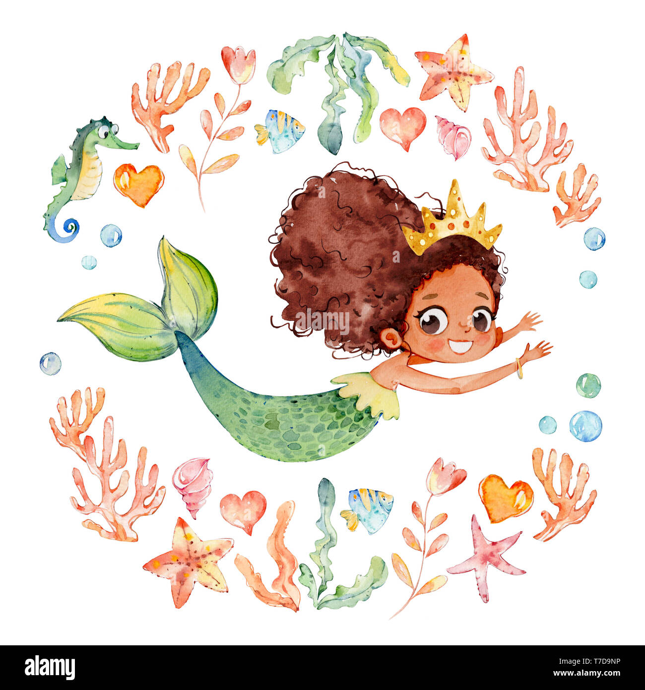 African American Baby Watercolor Mermaid Surrounded by Frame of sea elements, Sea Horse, corals, bubbles, seashells, anchor, seaweeds. Ocean Kit. Youn Stock Photo