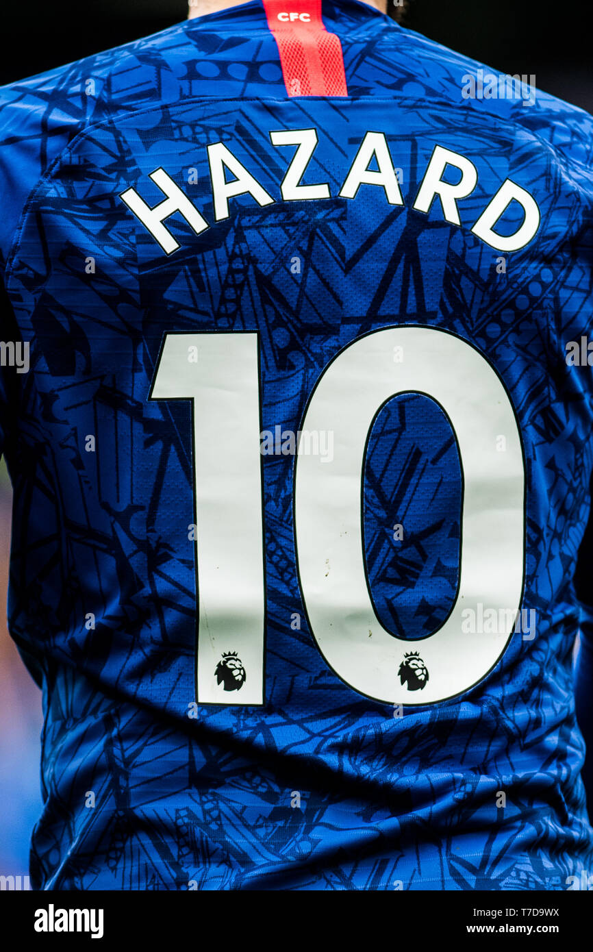 LONDON, ENGLAND - MAY 05: Eden Hazard of Chelsea FC new nike home shirt  during the Premier League match between Chelsea FC and Watford FC at  Stamford Bridge on May 5, 2019