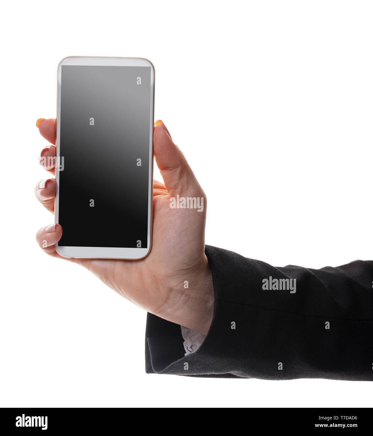 mobile phone in female hand on a white isolated background Stock Photo ...