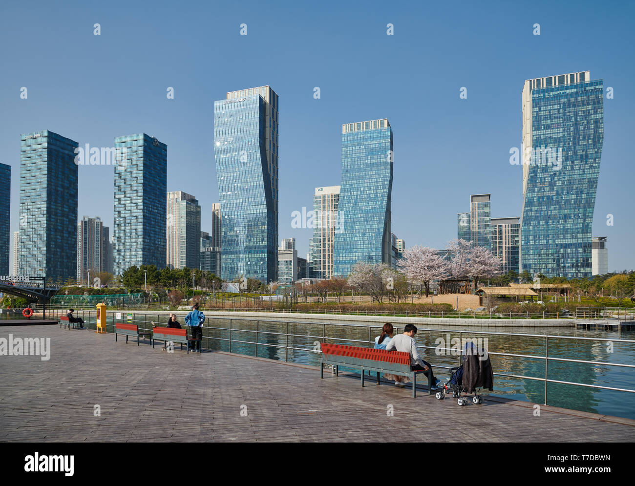 Central Park in Songdo International Business District with skyscraper in the back, Incheon City,  South Korea Stock Photo