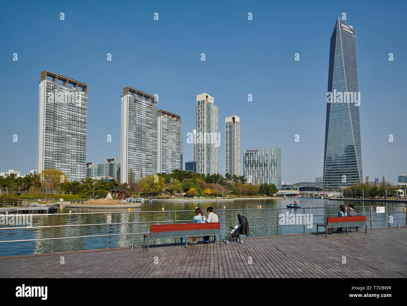 Central Park in Songdo International Business District with skyscraper in the back, Incheon City,  South Korea Stock Photo