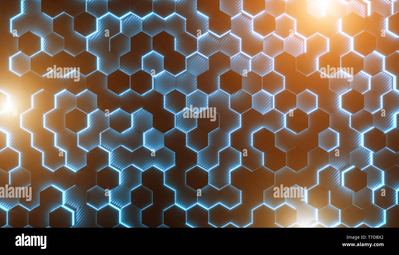 Background with geometric hexagonal geometries in carbon fiber and with shiny parts. 3d rendered