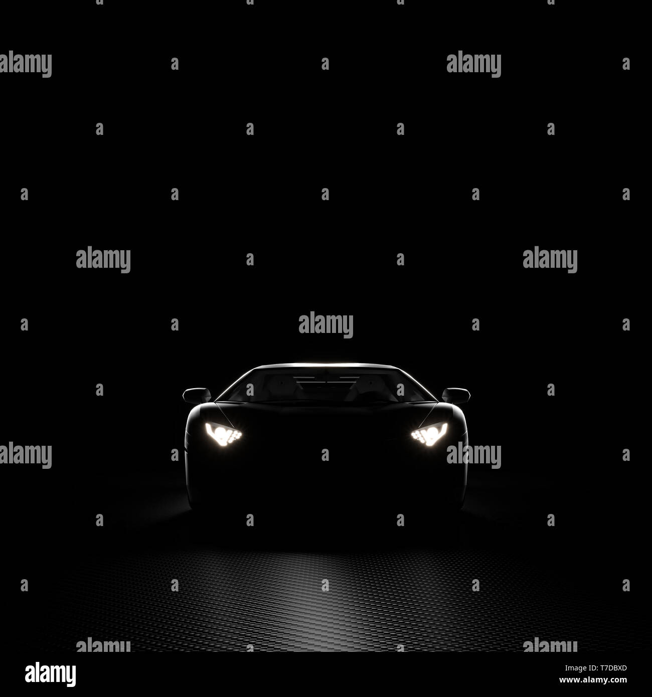 3d render image of a sports car with its headlights on. Dark background with carbon fiber texture. Front view. Stock Photo