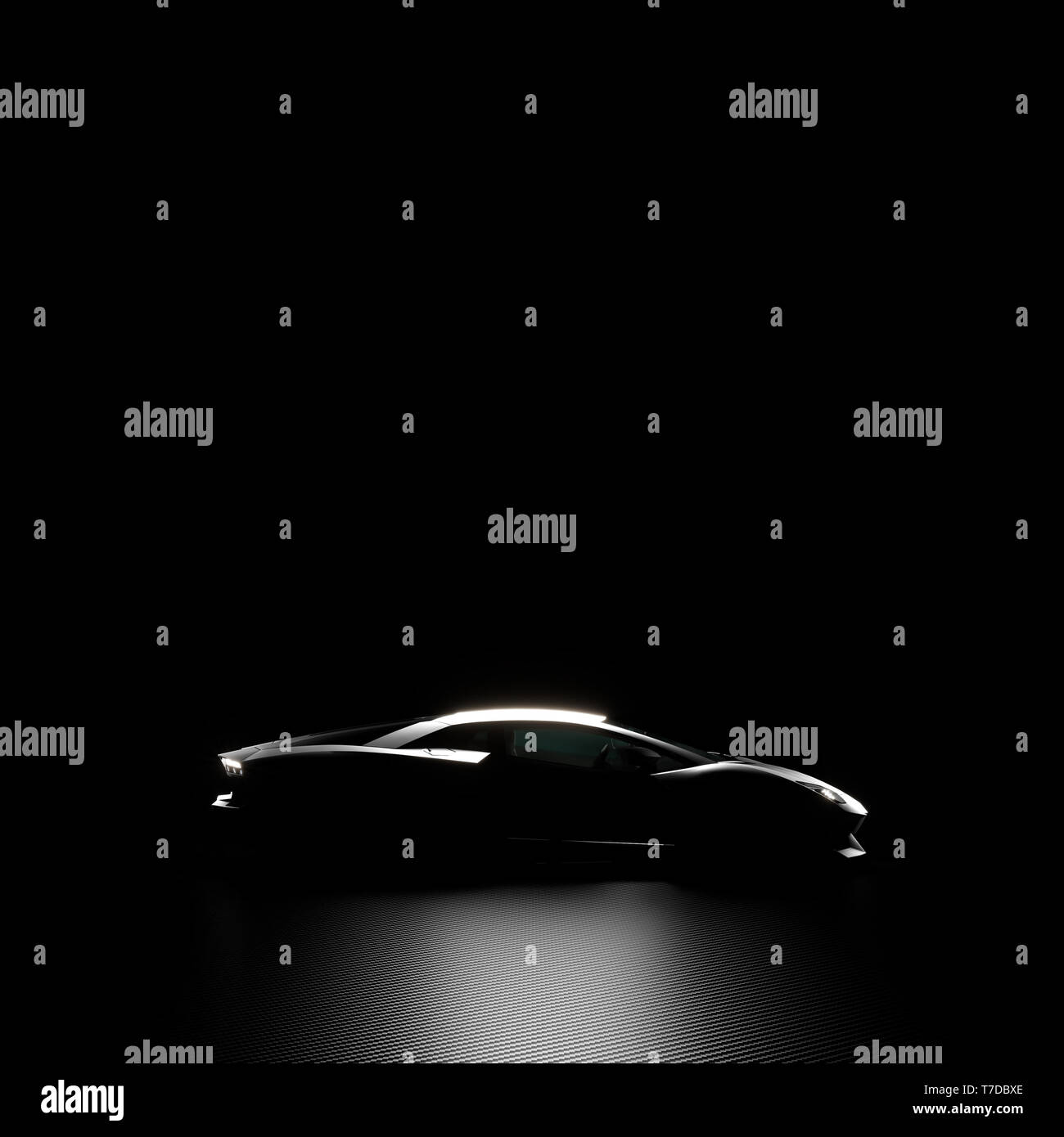 3d render image of a sports car with its headlights on. Dark background with carbon fiber texture. Side view. Stock Photo
