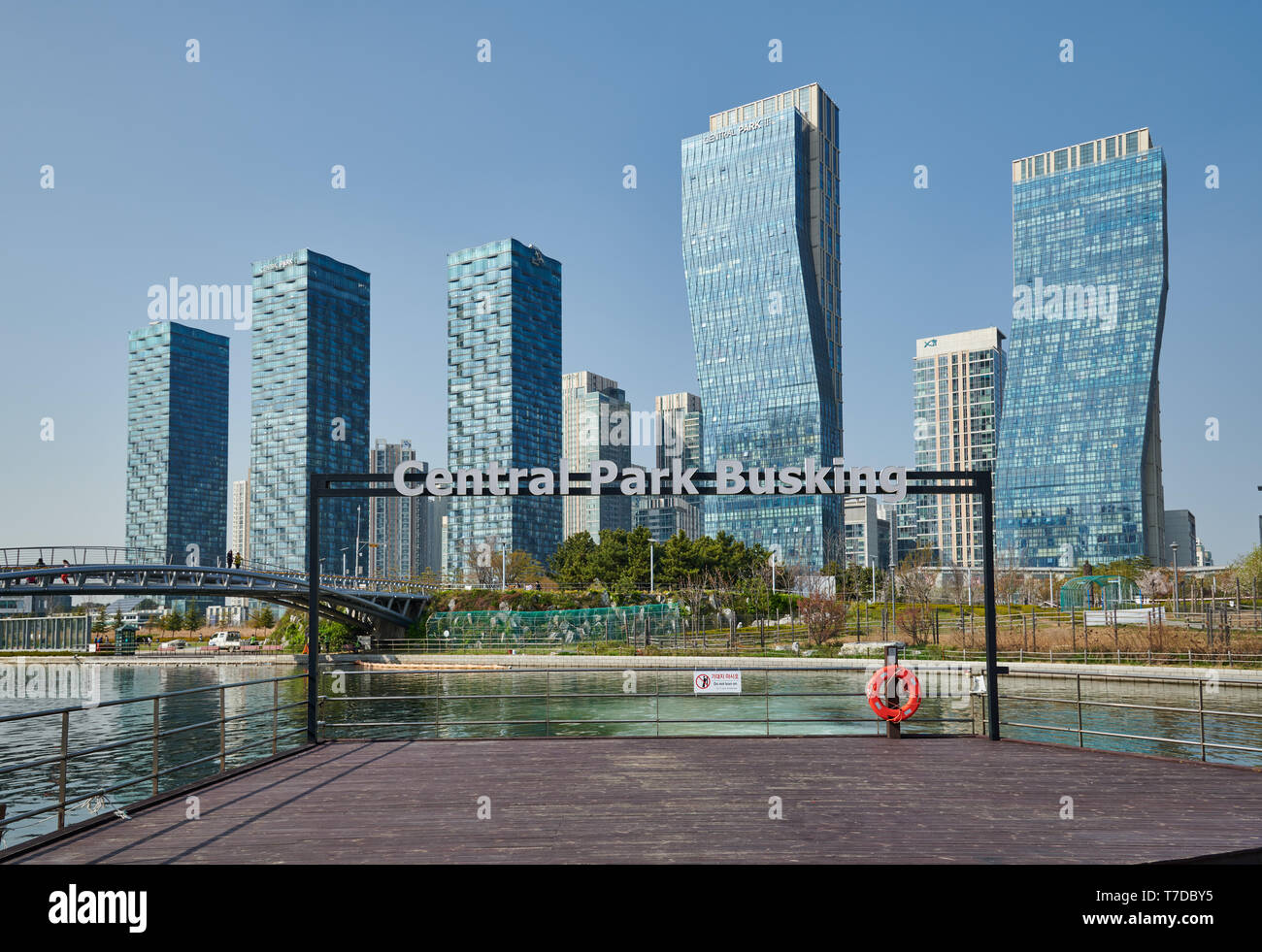 Central Park in Songdo International Business District with skyscraper in the back, Incheon City,  South Korea Stock Photo