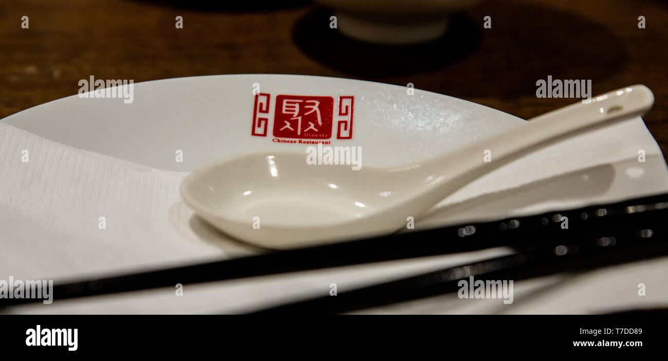 Soup Spoon in Chinese Restaurant Stock Photo