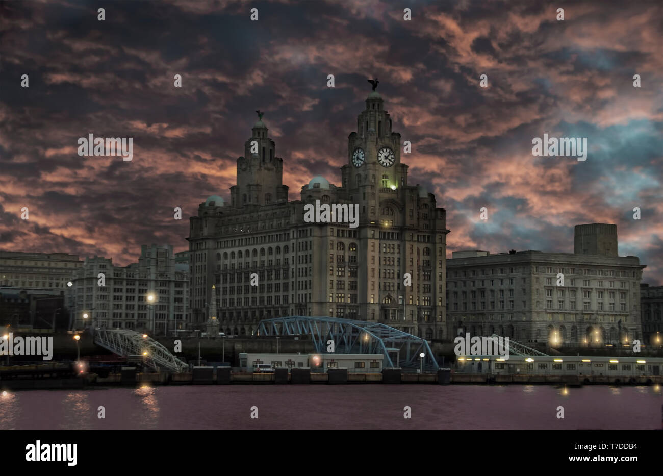 Liver Buildings Liverpool water front.Late afternoon Stock Photo