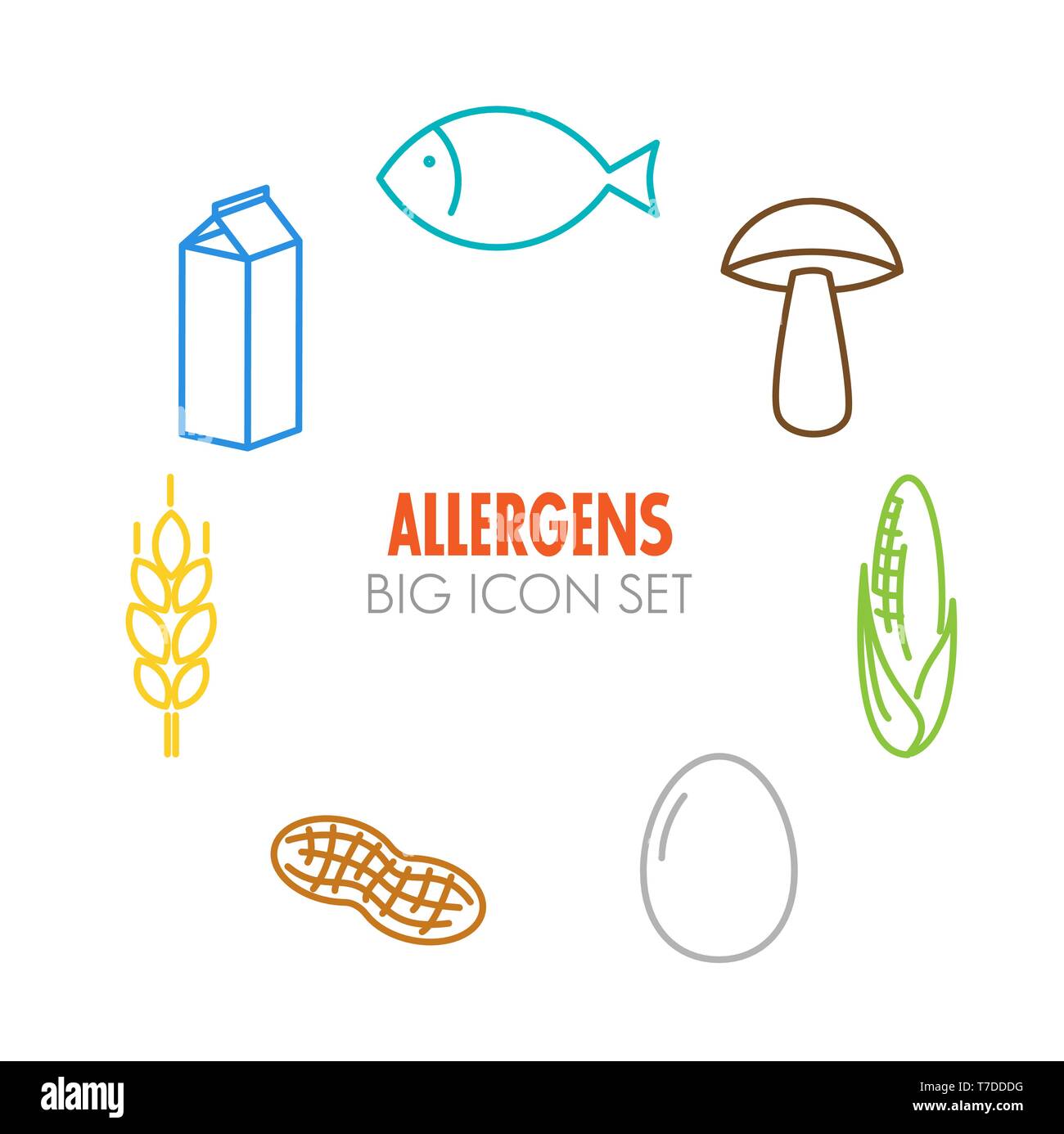 Vector icons set for allergens (milk, fish, egg, gluten, wheat, nut