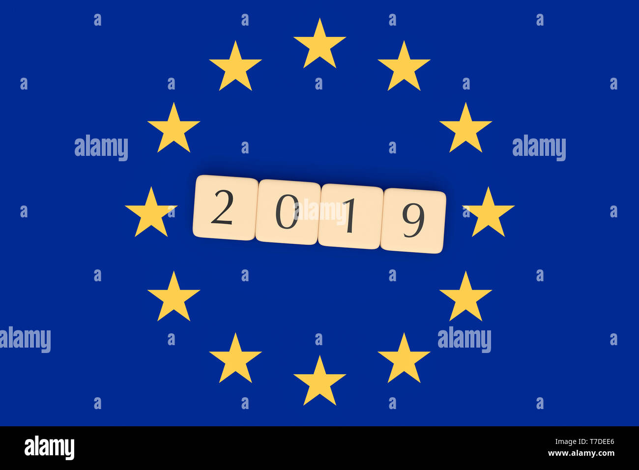 European Union Politics News Concept: Letter Tiles 2019 With EU Flag, 3d illustration Stock Photo