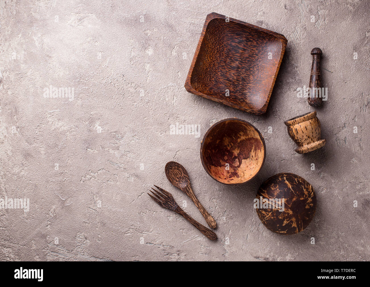 Bowls and plates  made from coconut shell Stock Photo