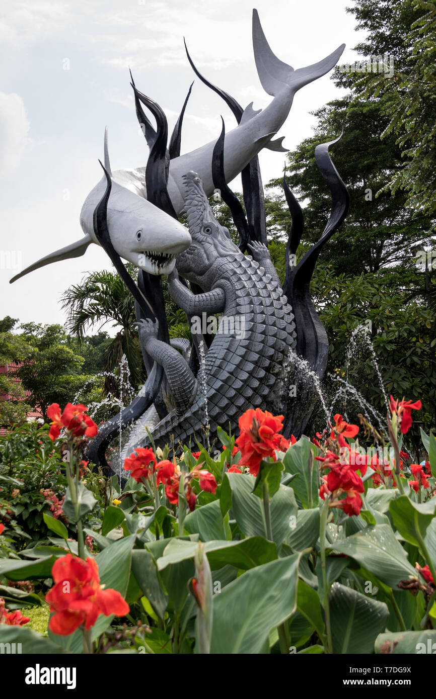 Statue of shark and a crocodile representing Sura and Baya after which the Indian city of Surabaya is named Stock Photo
