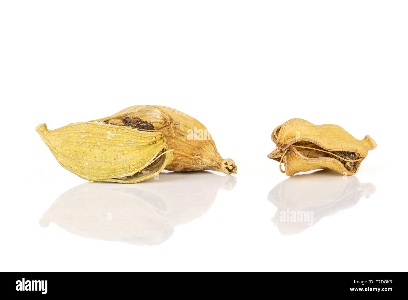 Group of three whole dry true cardamom pod isolated on white background Stock Photo