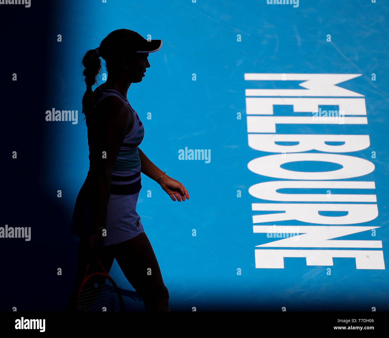 Silhouette of American tennis player Danielle Collins at the Australian Open 2019 tennis tournament, Melbourne Park, Melbourne, Victoria, Australia Stock Photo