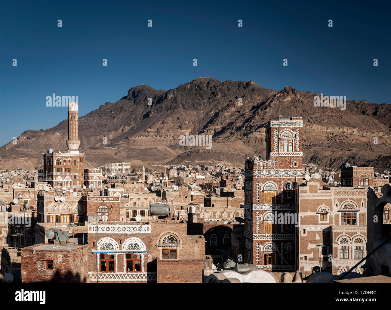 view of  downtown sanaa city old town traditional arabic architecture skyline in yemen Stock Photo