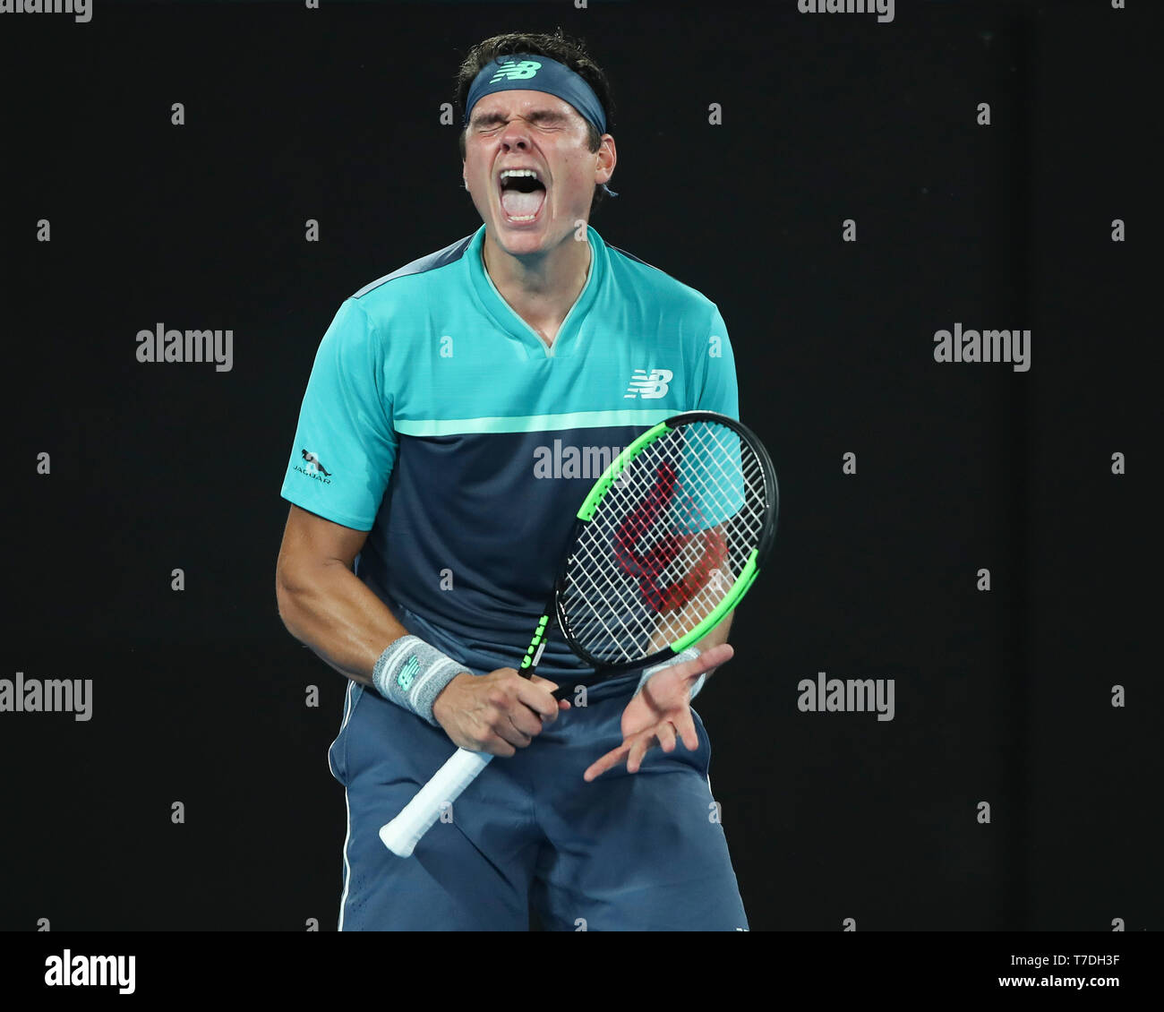 Canadian tennis player Milos Raonic reacting and screaming at the  Australian Open 2019 tennis tournament, Melbourne Park, Melbourne,  Victoria, Austra Stock Photo - Alamy