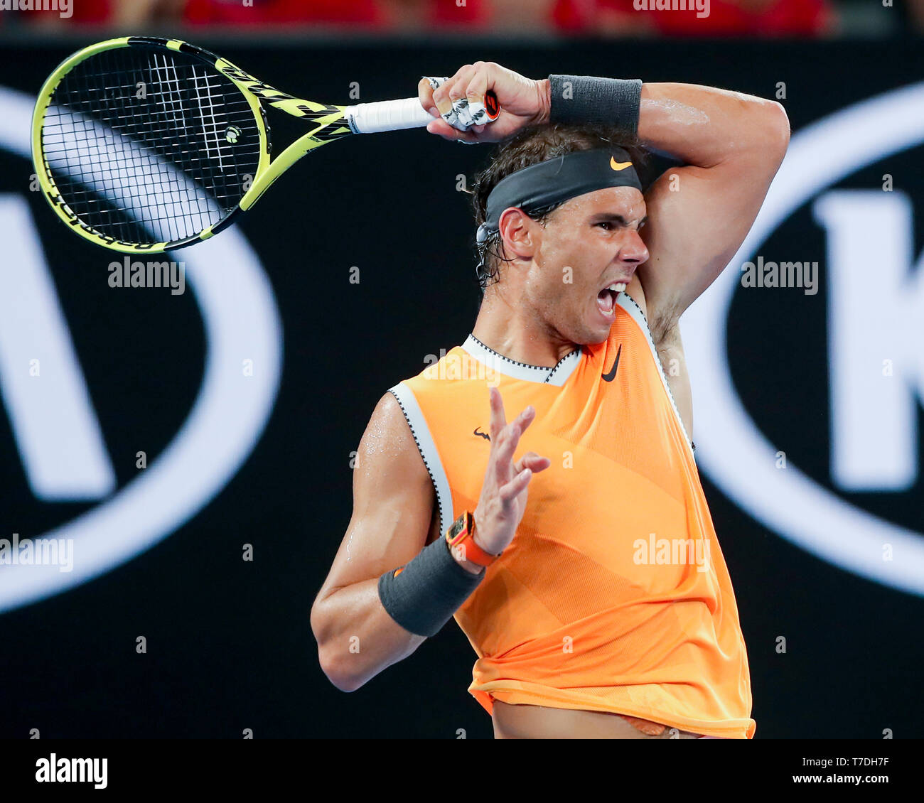 Spanish tennis player Rafael Nadal playing forehand during Australian Open  2019 tennis tournament, Melbourne Park, Melbourne, Victoria, Australia  Stock Photo - Alamy