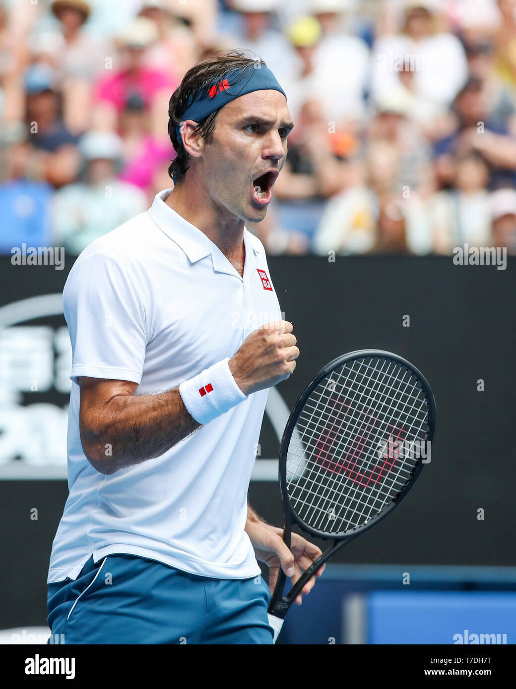 Swiss tennis player Roger Federer celebrating during Australian Open 2019 tennis tournament, Melbourne Park, Melbourne, Victoria, Australia Stock Photo