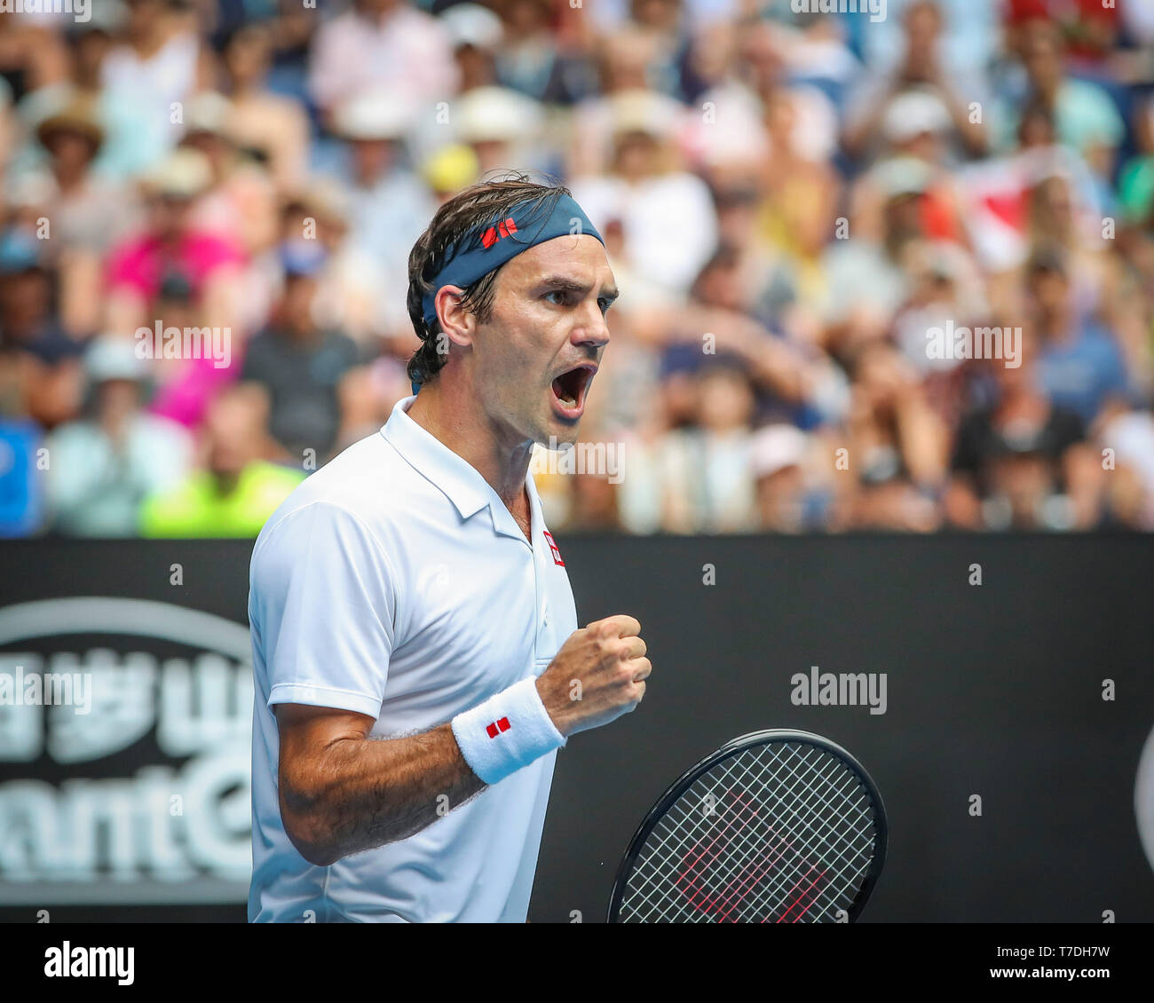 Swiss tennis player Roger Federer celebrating during Australian Open ...