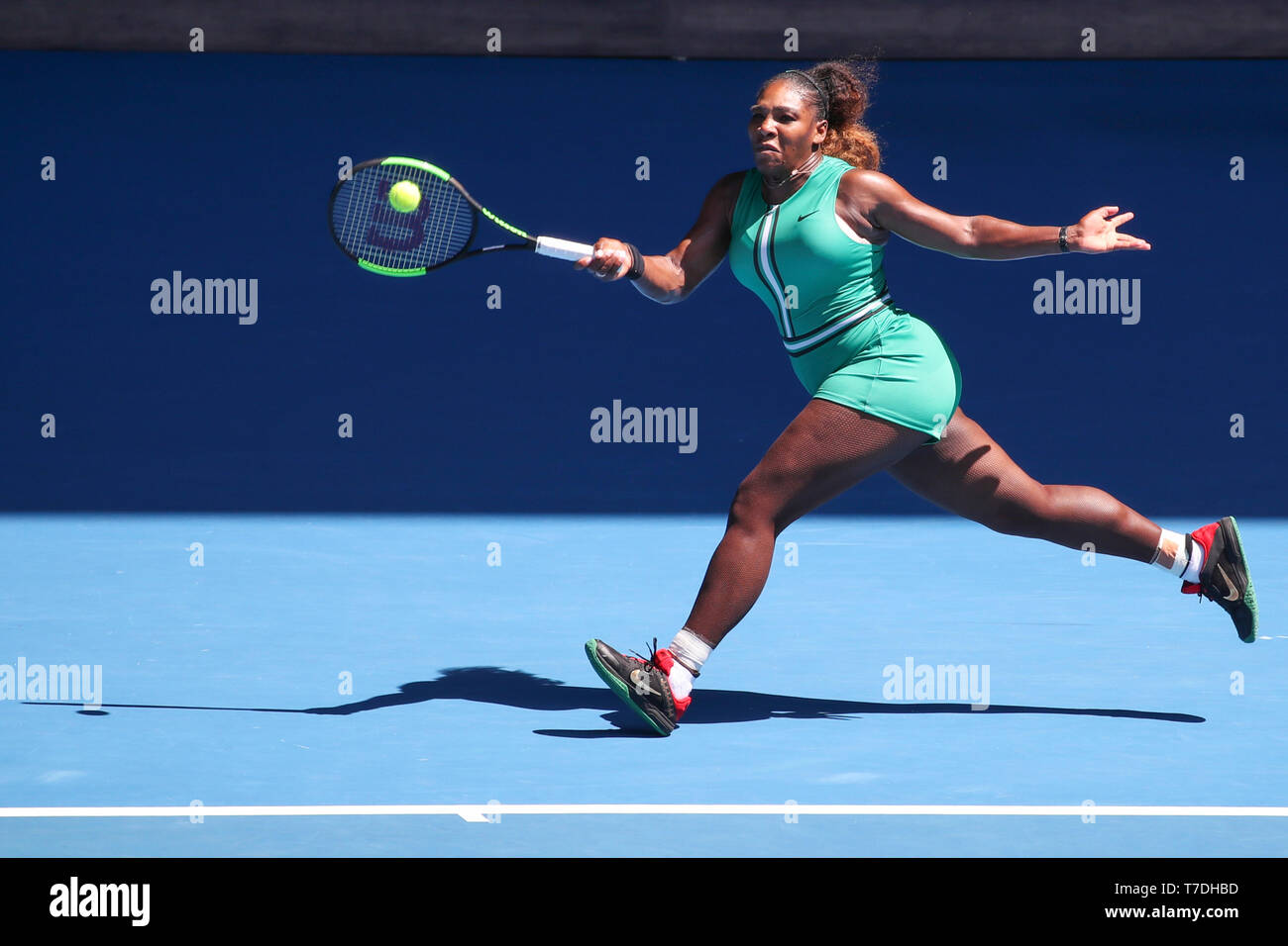 American tennis player Serena Williams playing forehand shot in Australian Open 2019 tennis tournament, Melbourne Park, Melbourne, Victoria, Australia Stock Photo