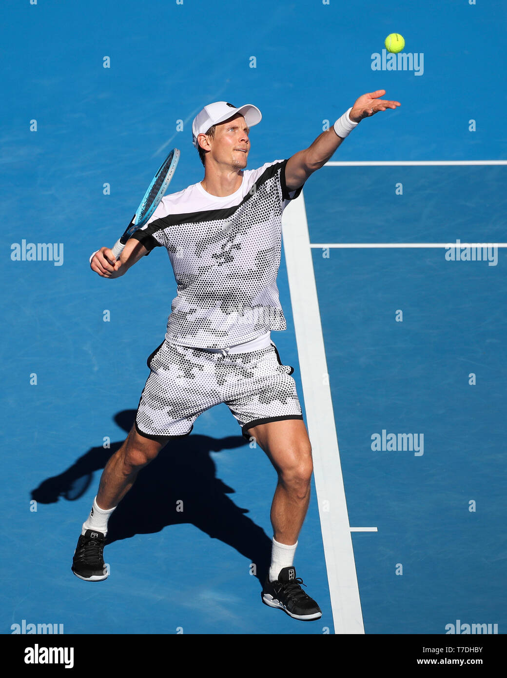 Czech tennis player Tomas Berdych playing service shot in Australian Open  2019 tennis tournament, Melbourne Park, Melbourne, Victoria, Australia  Stock Photo - Alamy