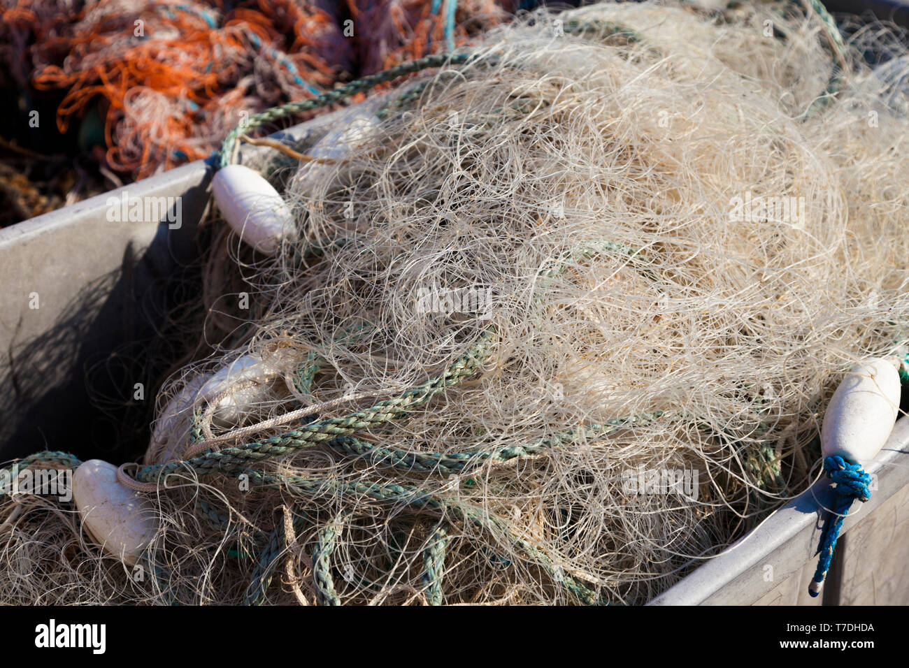 Nylon monofilament fishing net in a box on the beach, Kent, UK Stock Photo  - Alamy