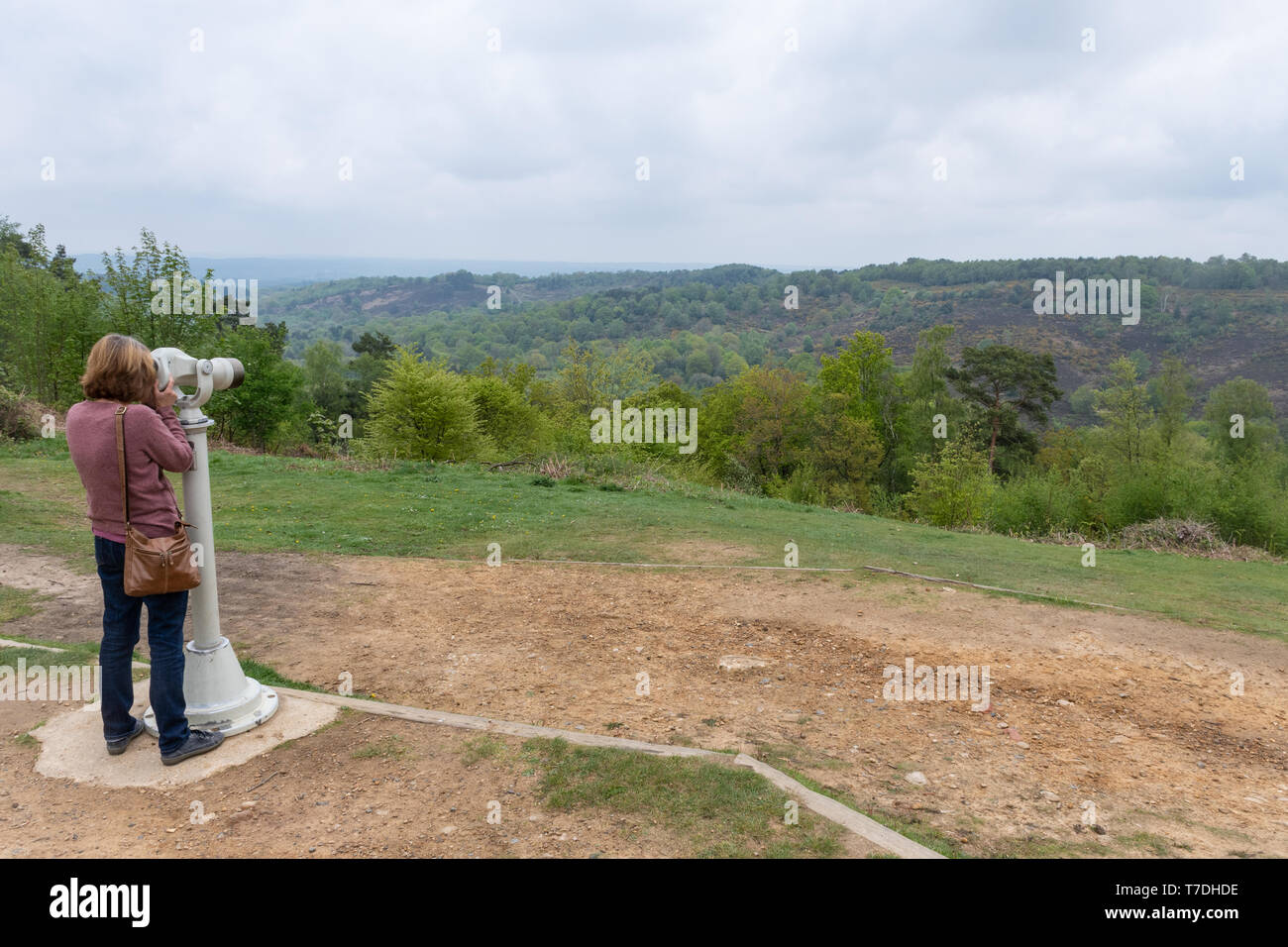 Woman looking at the countryside view at the Devil's Punchbowl, Surrey, UK, through a telescope. Landscape, scenery. Stock Photo
