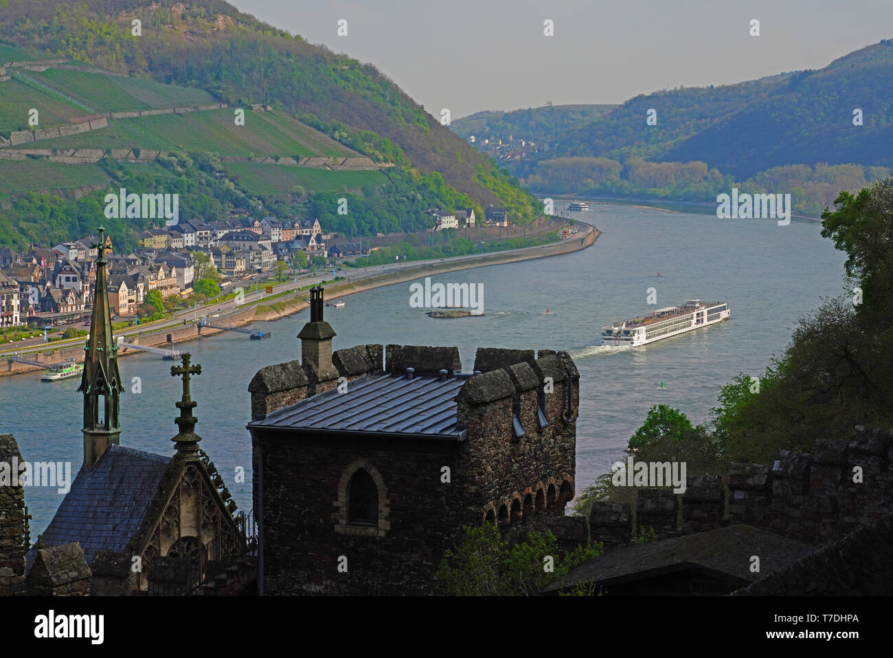 Viking River Cruises ship going up river on the middle Rhine River in