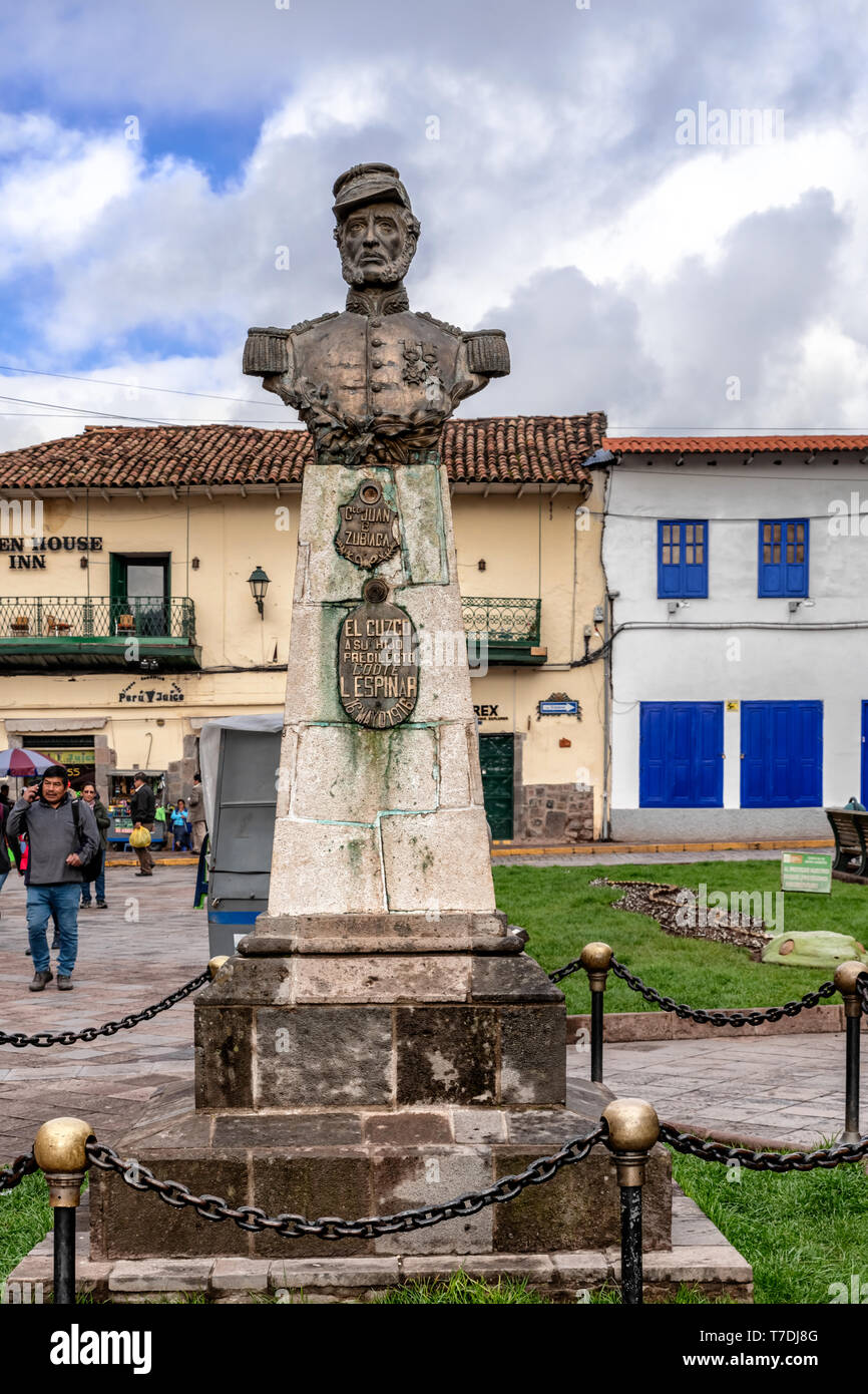 Cusco, Peru - April 3, 2019: View at the Statue of Juan B Zubiaga in a Cusco plaza, Peru Stock Photo