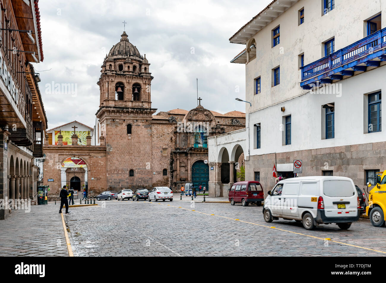 Cusco, Peru - April 3, 2019: Facade of the Tempel and Convent of Order of Our Lady of Mercy located in Plaza Espinar, in the historic center of the Cu Stock Photo