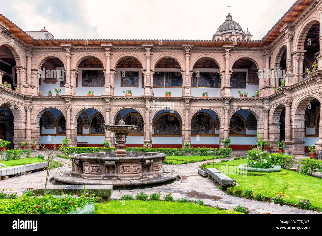 Cusco, Peru - April 3, 2019: Courtyard of Convent of Order of Our Lady of Mercy located in Plaza Espinar, in the historic center of the Cusco city, Pe Stock Photo